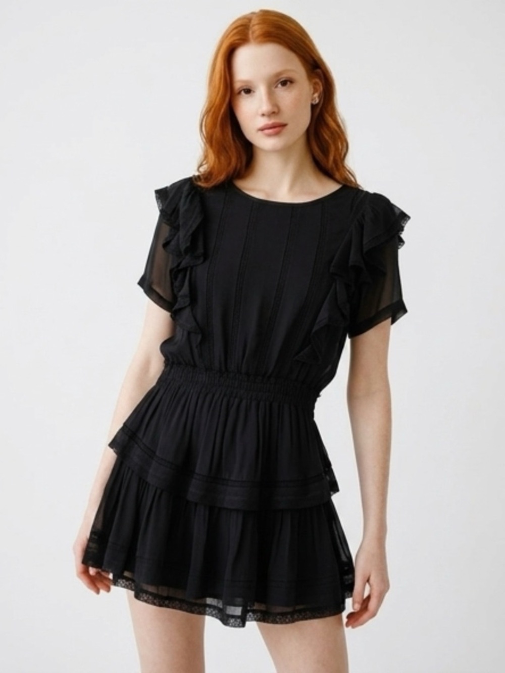 LoveShackFancy Black Ruffle Tiered Mini Dress